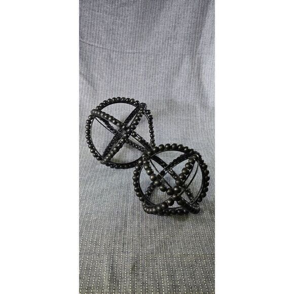 2 Black Wooden Bead & Metal Orb Sculptures - Picture 6 of 7